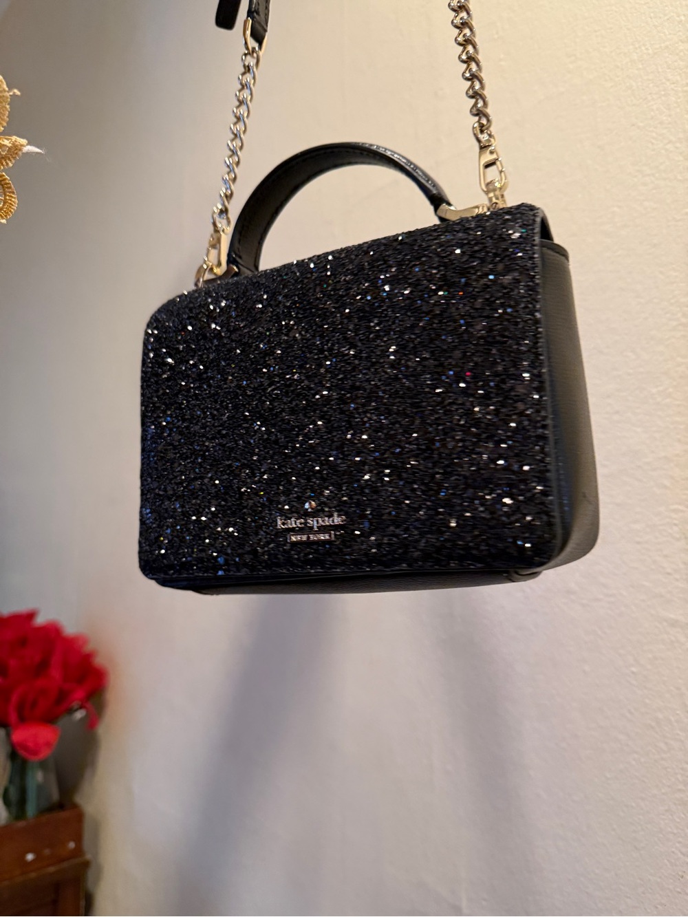 kate spade Black Glitter Top-Handle Satchel with Chain Strap